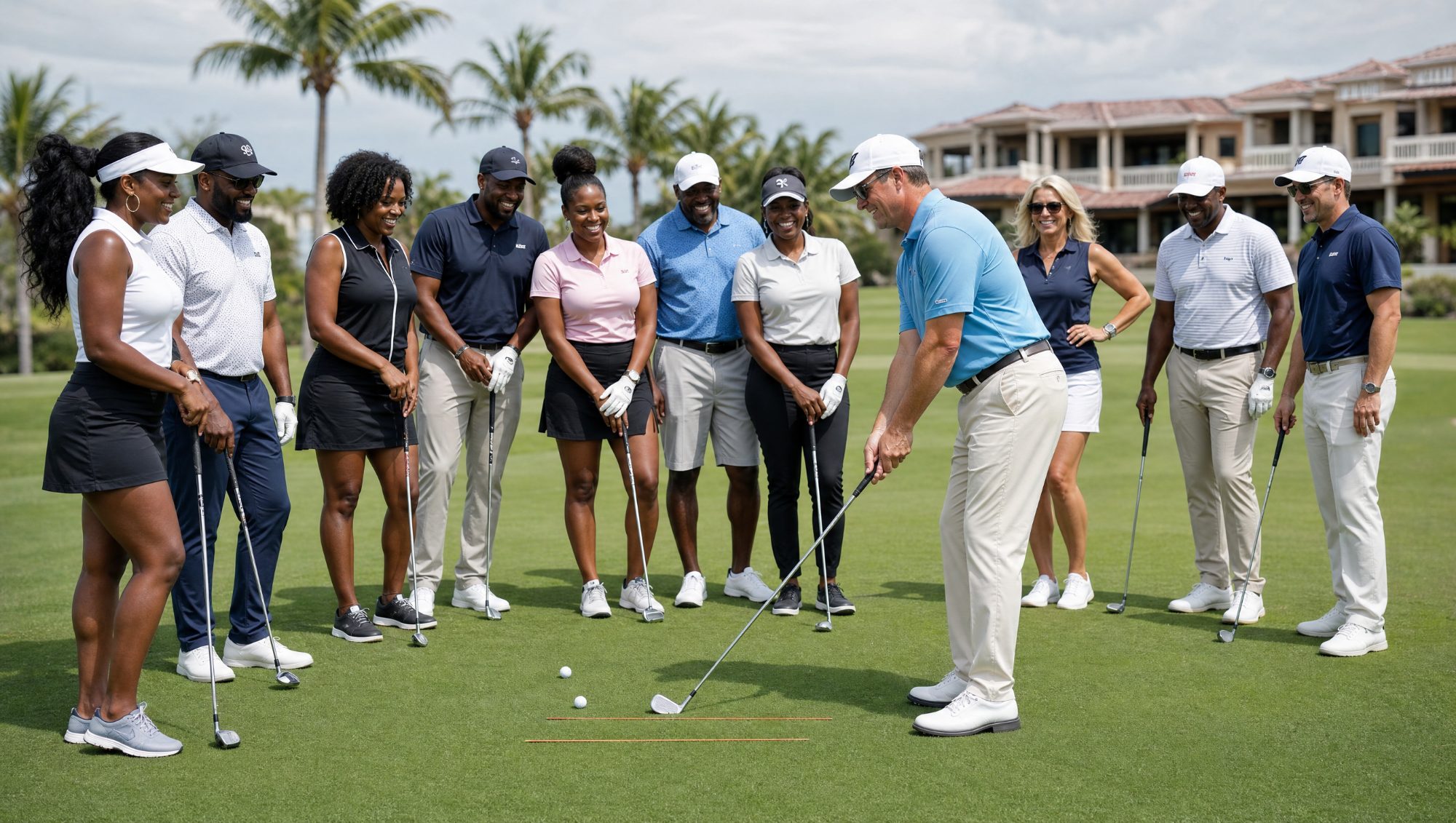 A golf instructor demonstrating a swing to a group of new players at the Community Builders Golf Clinic