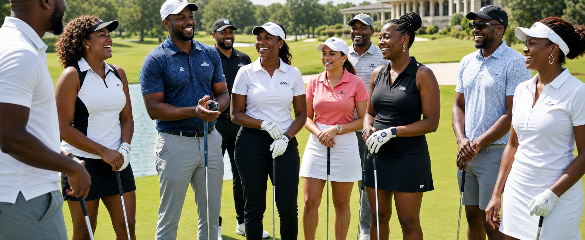 Guests of all backgrounds gathered and laughing together on the course at the Community Builders Golf Clinic