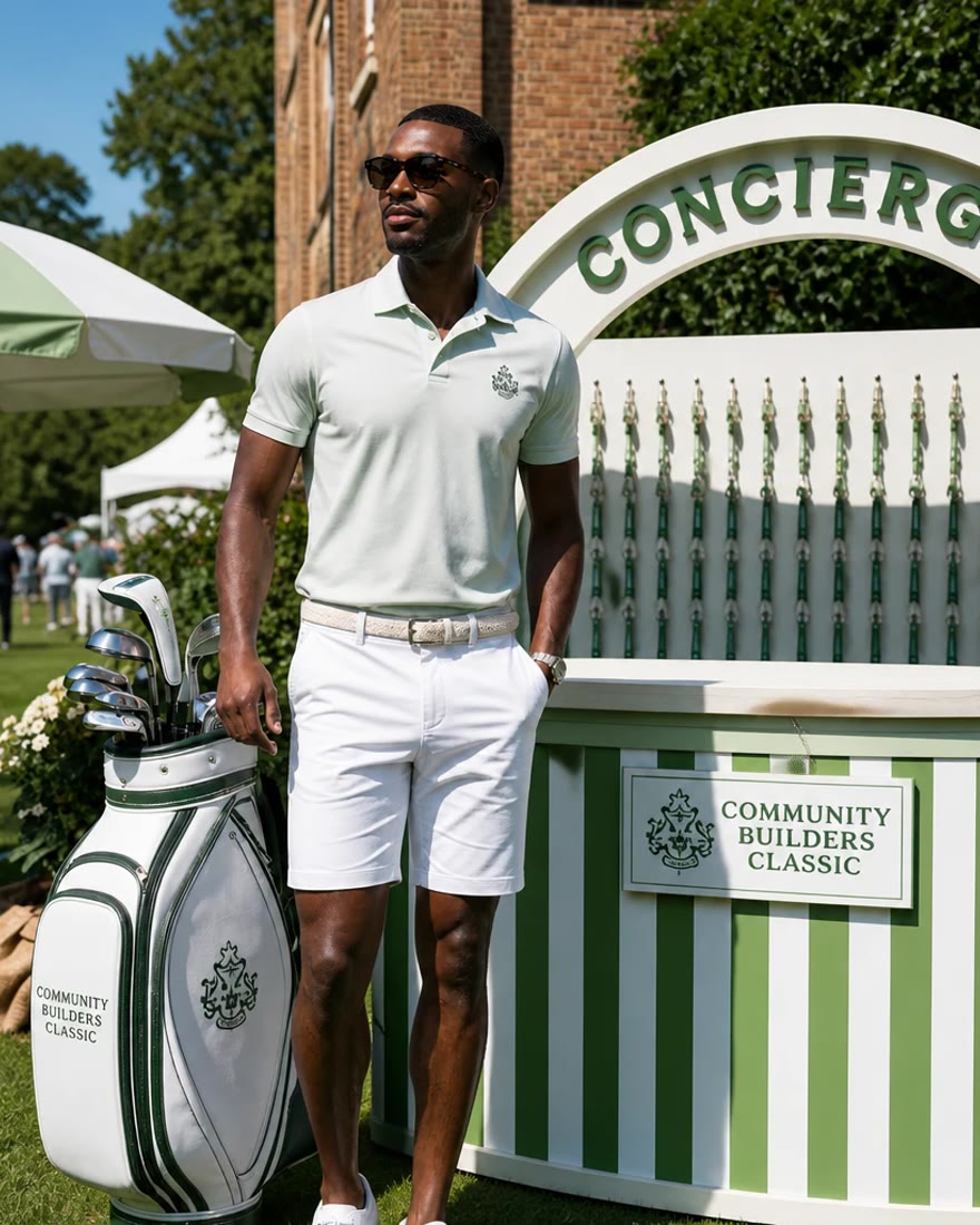 A player with his bag at the Community Builders Classic course booth