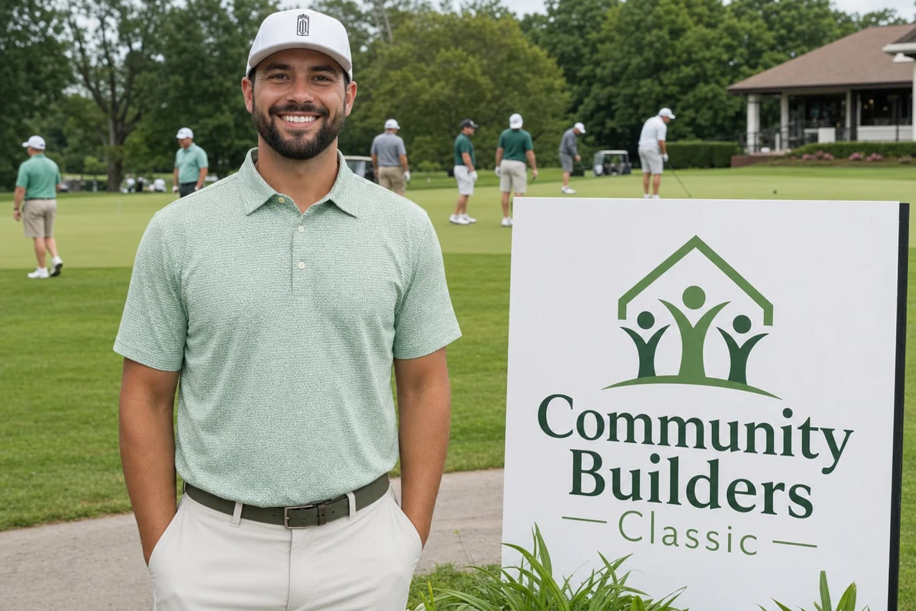 A guest beside the Community Builders Classic sign on the course