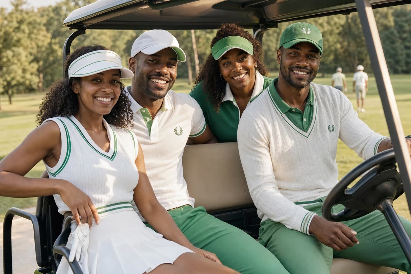 Four friends riding a golf cart between holes