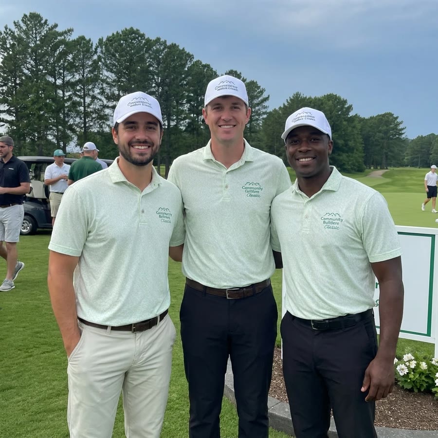 Three players in branded polos on the course