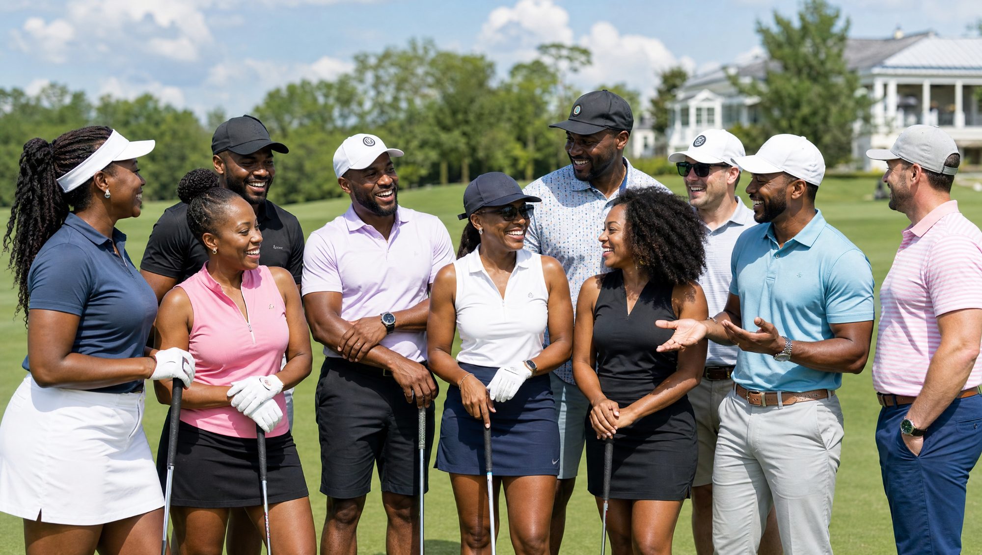 A group of guests laughing together on the course at the Community Builders Golf Clinic